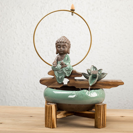 Fontaine décorative de table en bambou avec anneau lumineux en forme de feuille de lotus et d'eau.