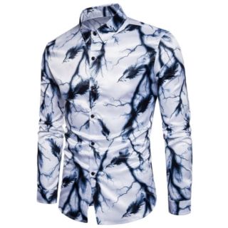 Mens Longsleeve Turndown Collar 3D Lightning Feather Print Shirt