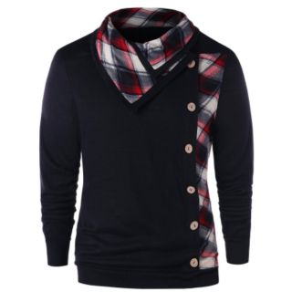 Mens Pullover Longsleeve Button Embellished Plaid Heaps Collar Sweatshirt