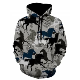 Mens Pullover Hooded Sweater Jacket Printed Horse Carriage Pattern Pullover Hoodie