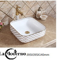 Ceramic Bathroom Accessories Wash Basin White Gold Pattern