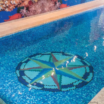 Blue Medusa themed glass mosaic tiles measuring 160×160cm – fully customizable pattern to suit your pool design vision, made from high-grade glass with a glossy finish that reflects light beautifully underwater, non-porous, easy to clean, and long-lasting, transforming ordinary pools into extraordinary aquatic artworks