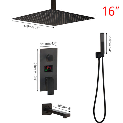 16-inch square matte black ceiling rain shower set, designed with 6 targeted body massage jets, a concealed control valve with digital temperature readout, and a slim handheld sprayer – offers seamless integration into modern bathrooms with powerful, customizable water flow