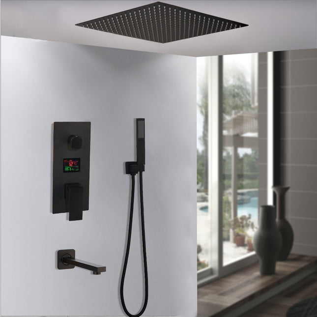 Matte black shower faucet set with a ceiling-mounted shower head, wall-mounted control valve, and a handheld shower head, against a bathroom backdrop.