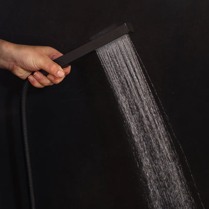Matte black 16-inch shower set with rainfall head, 6 body massage jets, mixer valve with digital display, and handheld sprayer – offers multiple spray modes, precise control, and a sleek contemporary look