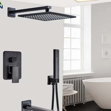 A black stainless steel wall shower set with a fixed support, concealed install, and a modern style. Includes a ceiling-mounted shower head, a handheld shower, and a wall-mounted control unit.