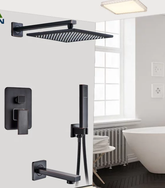 A black stainless steel wall shower set with a fixed support, concealed install, and a modern style. Includes a ceiling-mounted shower head, a handheld shower, and a wall-mounted control unit.