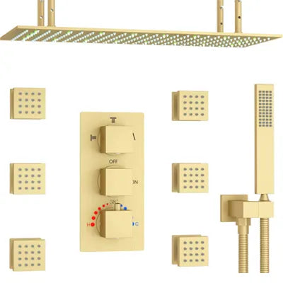All-in-one brushed gold shower system – includes LED ceiling rain shower, six body sprays, thermostatic control panel and handheld sprayer; sleek modern design, durable construction, perfect for high-end bathroom upgrades
