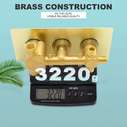Heavy-duty brass shower mixing valve with a total weight of 3220g, crafted entirely from premium brass material, designed for concealed wall mounting and stable water flow control