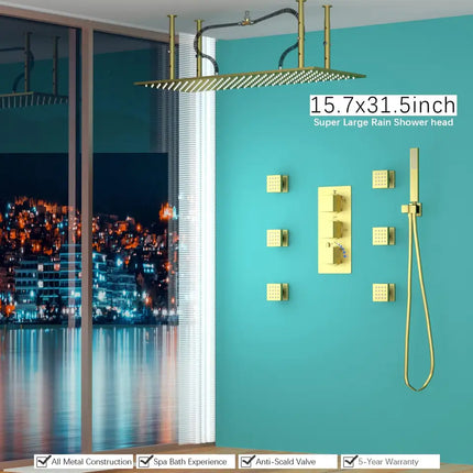 Brushed gold bathroom shower combo set with 16-inch LED rainfall head, wall-mounted installation, durable construction, and adjustable water flow for comfort and style