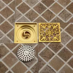 Square Gold Polished Floor Drain Shower Waste Water Flower Cover