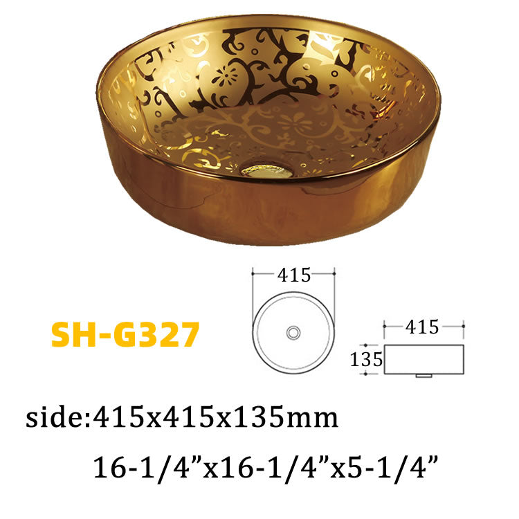 Middle East Style Round Flat Flower Decal Designs Counter Top Sink Ceramic Golden Art Wash Hand Basin