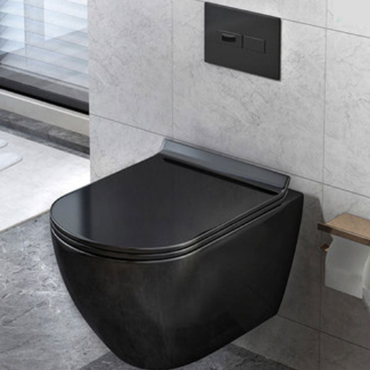 Hanging Wall Mounted Toilet Bowl Black with Wall Push Buttons.