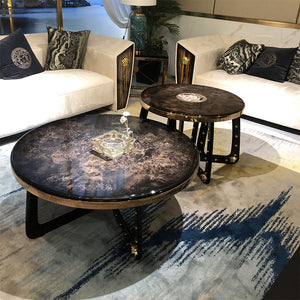 Luxury Italian Style Living Room Round Coffee Table Set of 2 with Black Wooden top and Metal Base