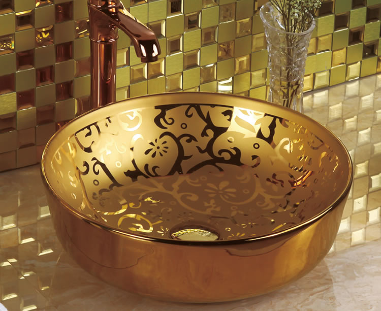 Middle East Style Round Flat Flower Decal Designs Counter Top Sink Ceramic Golden Art Wash Hand Basin