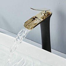 Lade das Bild in den Galerie-Viewer, Tall gold bathroom black basin faucet with waterfall spout
