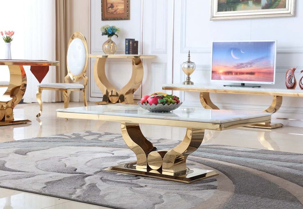 Living Room Contemporary Luxury Marble Top Gold Stainless Steel Center Glass Coffee Table