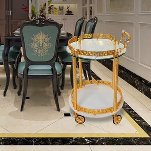 European Elegant White Rock Slab Dining Cart Wedding Decoration Hotel Family Trolleys Luxury Golden Copper Dining Cart