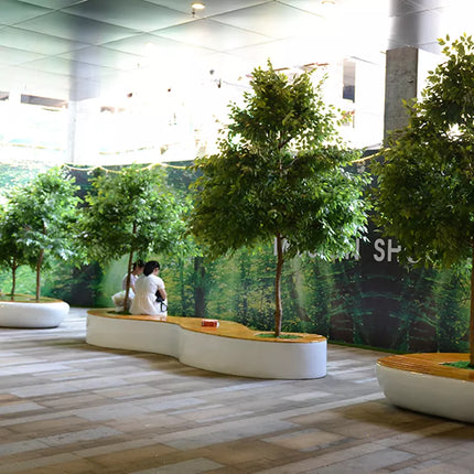 Sitzbank aus Fiberglas & Blumentopf, Baumtopf, Lounge-Sessel und Sofas aus GFK-Holz mit Baumtopf, Blumentopf 