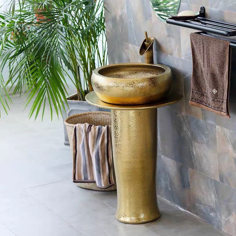 Porcelain gold hand washing pedestal sink basin with pedestal