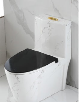 Weiße Porzellan-Toilettenschüssel, WC-Sitz mit Siphon-S-Ablauf und Doppelspülung, silberner Boden