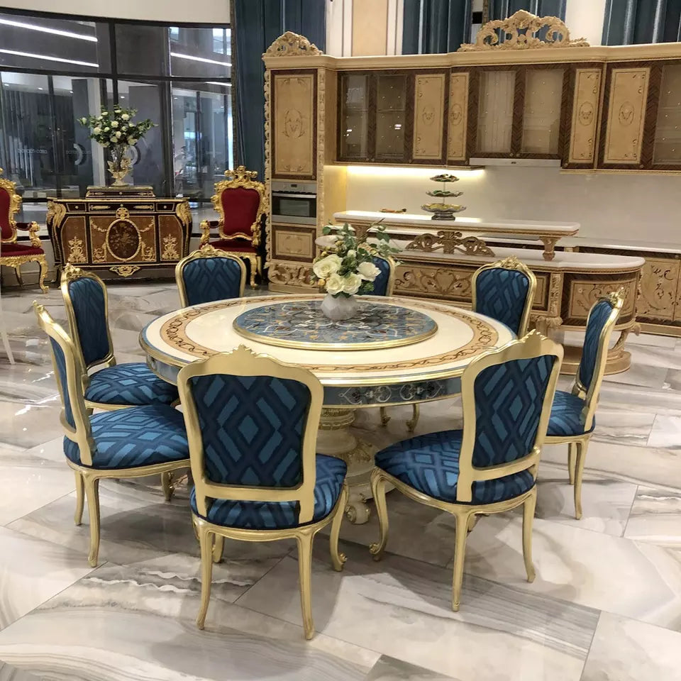 Luxury antique Italian style solid wood marquetry 8 seater european round dining table with rotating centre