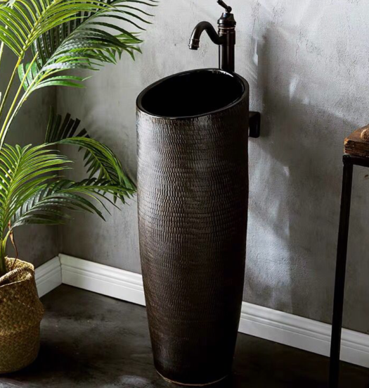 Stone Look Freestanding Pedestal Wash Basin Sink Black