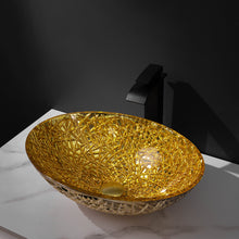 Cargar imagen en el visor de la galería, Golden Oval Shaped Bowl Artistic Color Tempered Glass All in One Italian Commercial Bathroom Sink and Countertop
