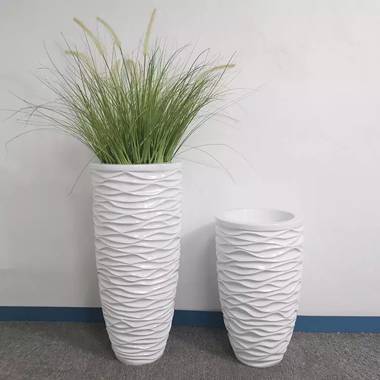 Modern Style Embossed Decorative Flower Vase White Fiberglass pots Bucket Shape Planter