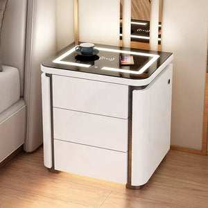 Led bedside table with top glass touch light, wireless charging, usb port bedside cabinet For bedroom