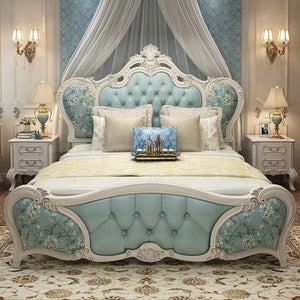 Green Color European-Style Master Bedroom sets  Luxury Carved French Royal Leather Bed
