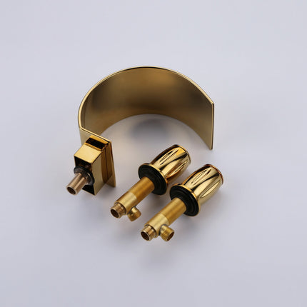Modern Deck Mount Three Holes Brass Gold Waterfall Bathroom Basin Faucet