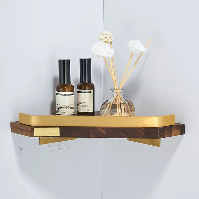 Brushed Gold Walnut Wooden Corner Basket Shower Caddy Shelf Wall Bathroom Shower Corner Caddy Shelf