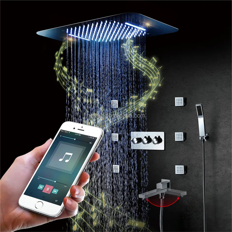 SUS304 23*15 Inch Led Shower Head with Music System Rain and Waterfall Shower Ceiling Embedded Bathroom Shower Faucet Set