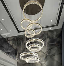 Cargar imagen en el visor de la galería, hotel project big tall Led crystal chandelier Pendant Light ring group for lobby villa office light CE/FCC/CUL

