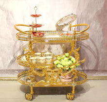 Load image into Gallery viewer, European Luxury Custom Carved Dining Cart Hotel Family Trolley Golden Copper Trolley
