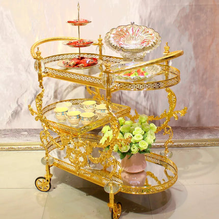 European Luxury Custom Carved Dining Cart Hotel Family Trolley Golden Copper Trolley