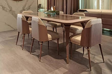 Load image into Gallery viewer, travertine marble top wooden leg dining table luxury Italian furniture solid wood modern marble dining table
