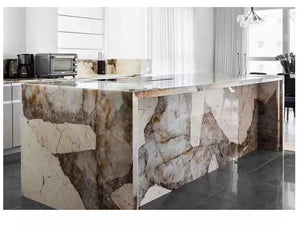 Kitchen Waterfall Island Brazil Patagonia Quartzite Stone Slabs Countrertop