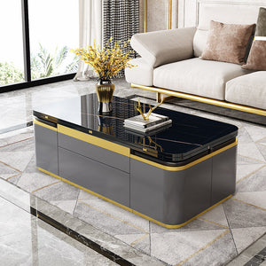 Luxury multifunctional lifting marble black coffee table with 6 stools