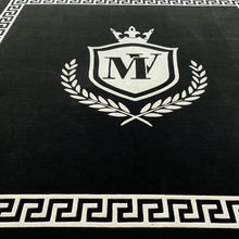 Load image into Gallery viewer, Hand Tufted Carpet Leather Logo Washable design custom black white
