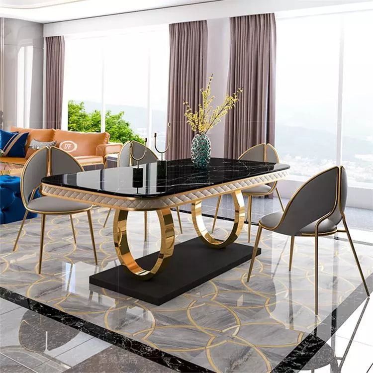 Stainless Steel Long Restaurant Dining Table Electroplated Gold Slate Marble