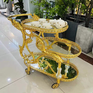European Classic Trolley Wedding Decoration Golden Dining Cart Luxury Bar 3-Floor Trolley