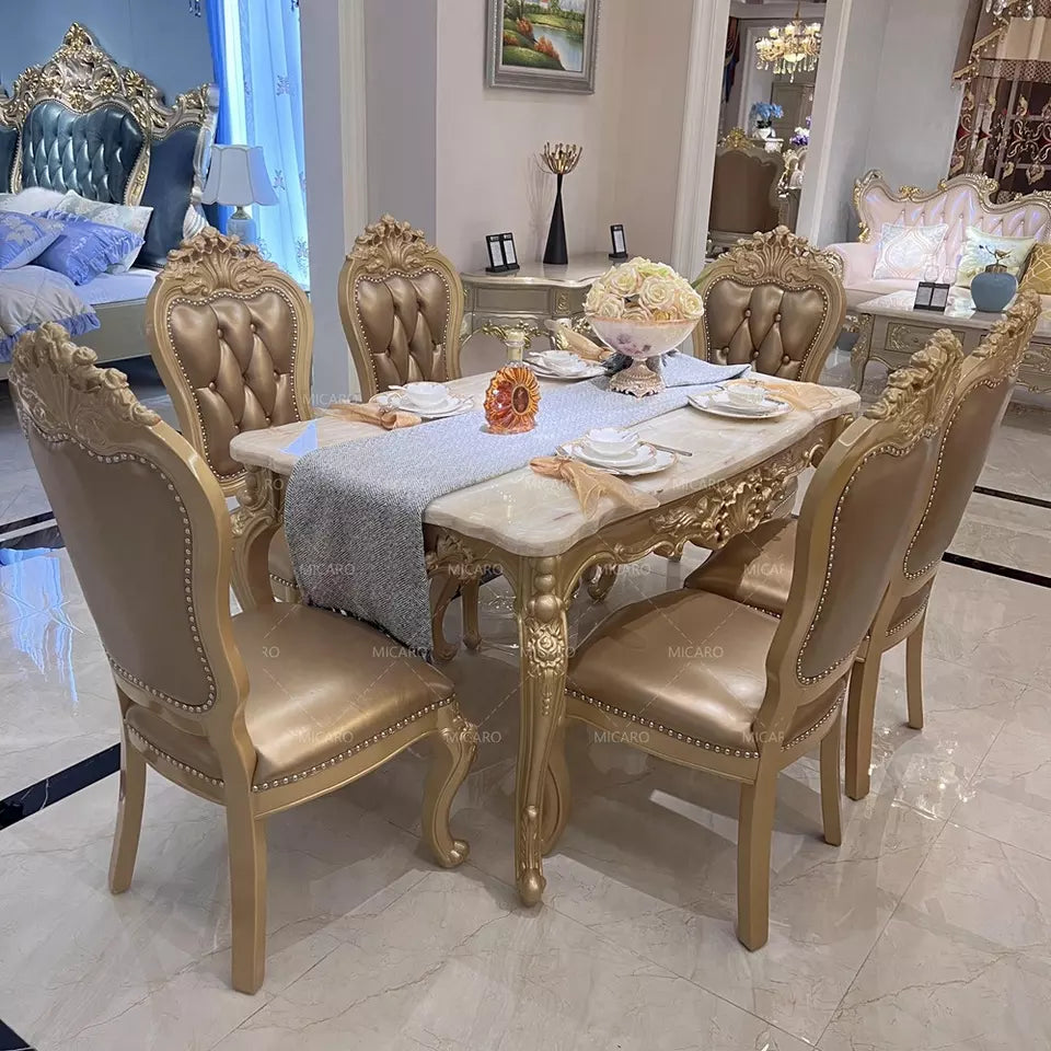 Luxury wood carved Arabic dining table with 6 pcs gold dining chairs in dining room