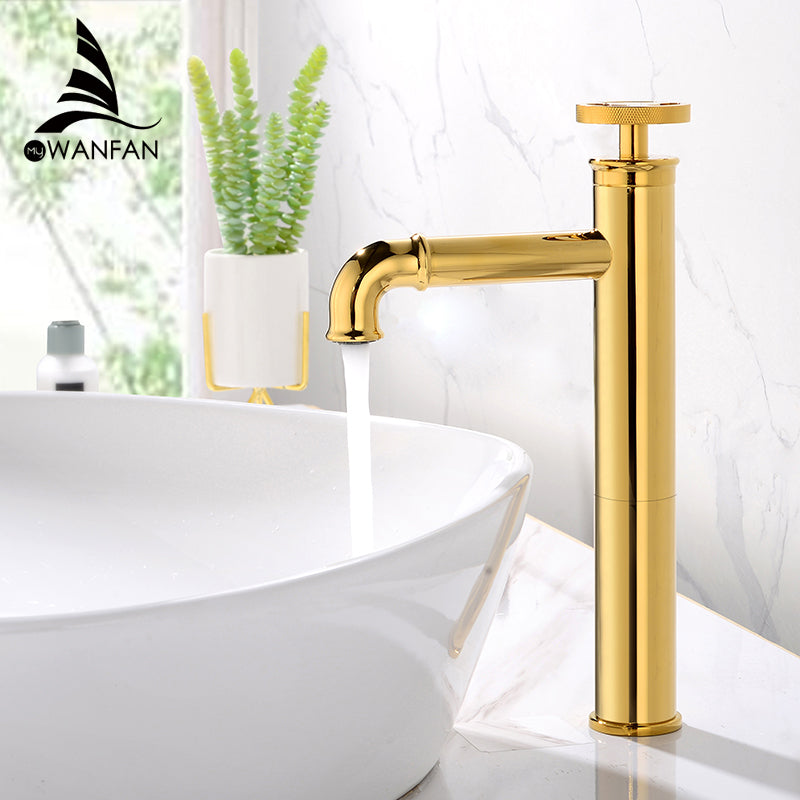 Deck Mount Cold Hot Water Mixer Gold Basin Faucet Single Hole Retro Industrial Style Brass Basin Sink Faucet