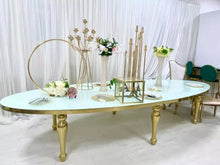 Load image into Gallery viewer, Golden Stainless steel Event furniture big Oval glass top wedding dining table
