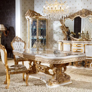 luxury dining wine cabinet set golden foil hand soild wood carved Italian style dining room furniture dining table