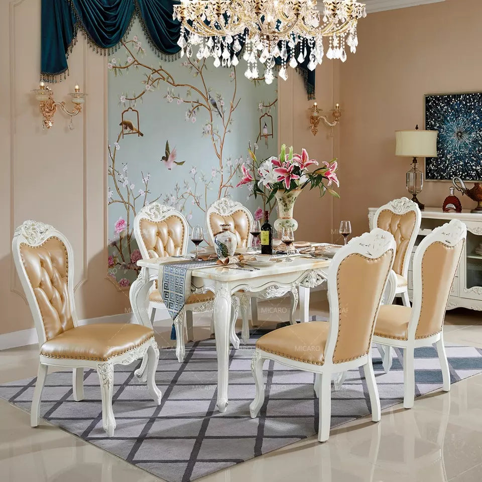 Luxury french country solid wood white dining table and leather chairs