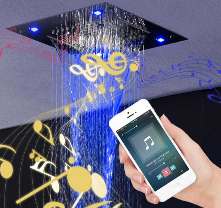 15inch Shower Head Built in Ceiling Shower with Led Lights Stainless Steel Bluetooth Speaker Built In