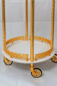 European Elegant White Rock Slab Dining Cart Wedding Decoration Hotel Family Trolleys Luxury Golden Copper Dining Cart